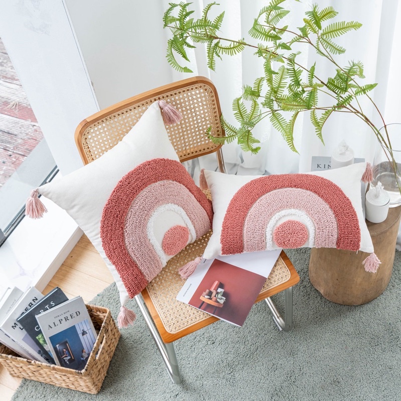 Gối tựa lưng trang trí sofa phong cách Bohemian Boho họa tiết cầu vồng 3D có tuarua cao cấp LiMinHo Shop