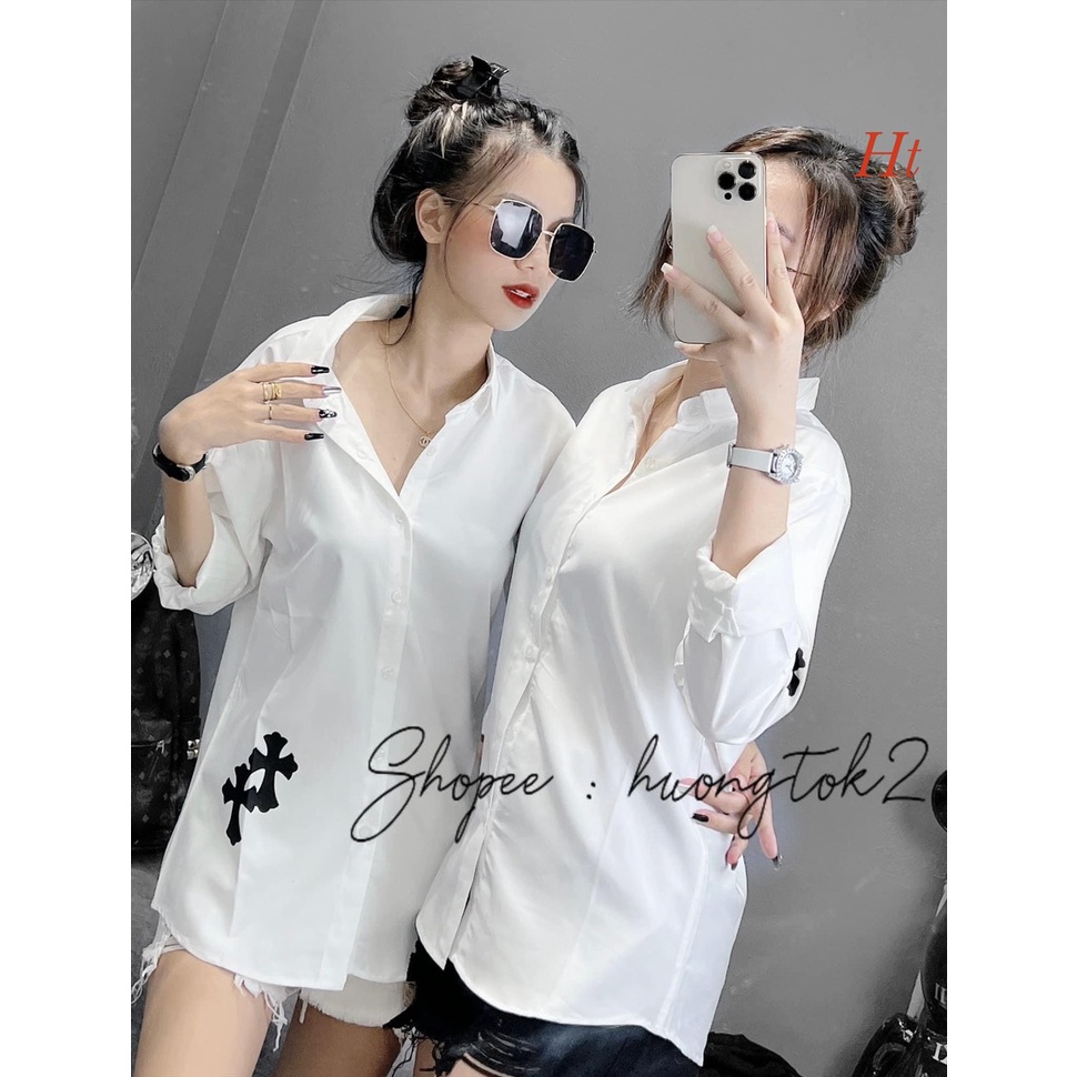 Áo sơ mi dài tay chữ thập đôi Chất liệu: thô lụa màu: trắng,ht