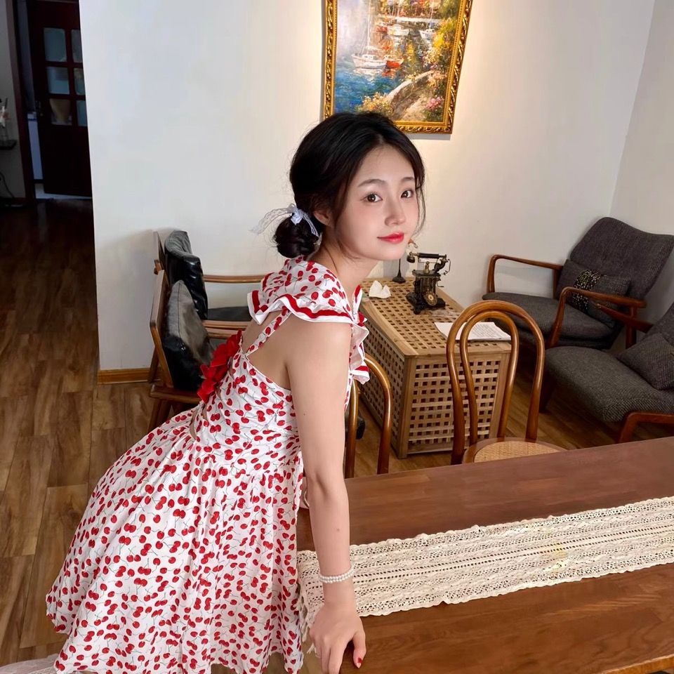 Đầm Hai Dây In Hình Trái Cherry Dễ Thương Phong Cách Lolita