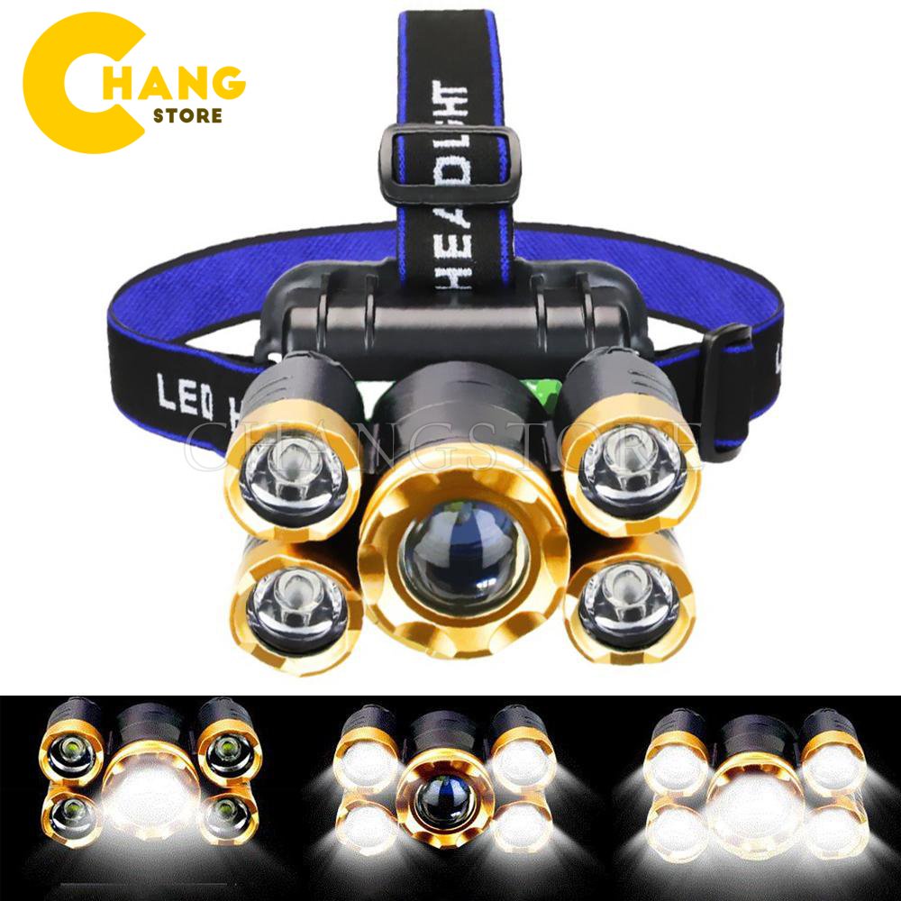 Đèn Pin Đội Đầu Đeo Trán 5 Bóng T6 Siêu Sáng Kèm Pin Sạc gọn gàng thuận tiện