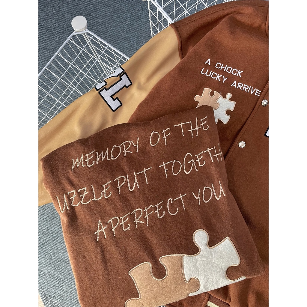 Áo khoác bomber jacket nam nữ phối Nâu tay da Boin shop thêu Lucky 2 lớp, chất nỉ bông siêu đẹp Phong cách ulzzang hàn