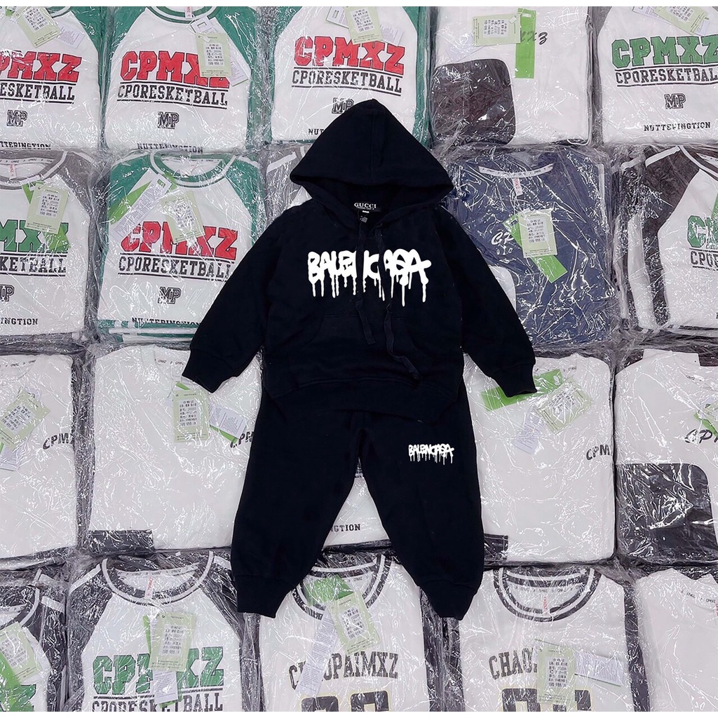 Bộ quần áo nỉ có mũ Balen chảy cho bé , set hoodie trẻ  em unisex , Kid_genZ
