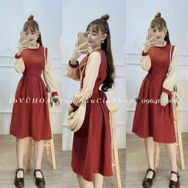 Đầm tiểu thư,,đầm cổ bèo tay dài phối, đầm dáng suông bèo lai phong cách Hàn Quốc, đầm công sở đơn giản trẻ trung