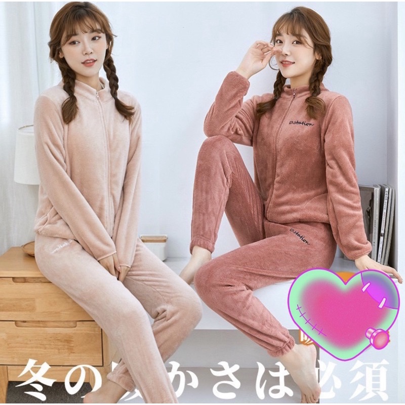 Bộ nỉ lông có khoá kéo, bộ bông mặc nhà mùa đông có khoá kéo