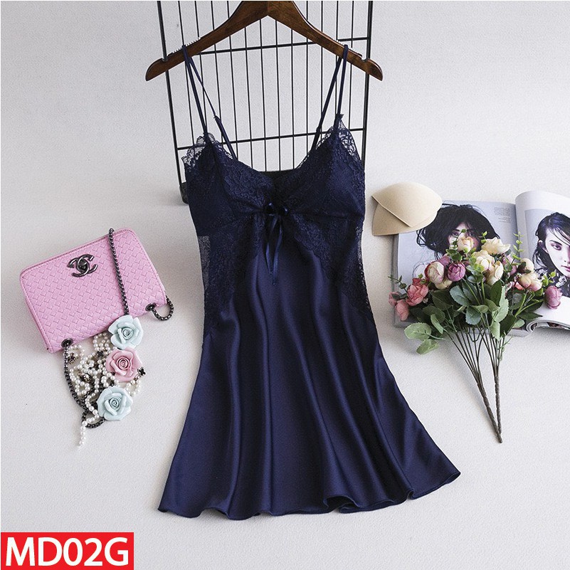Váy Ngủ Hai Dây  Lụa Satin Có Mút Ngực Phối Ren Đủ Size Dưới 62Kg AD-02