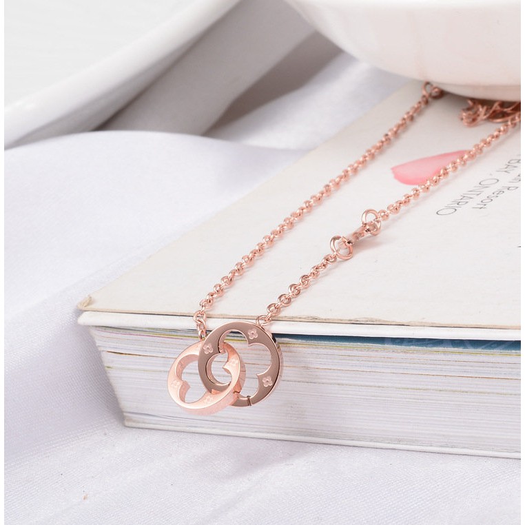 Lắc Chân Thép Titan Mạ Vàng Hồng 18K Mặt Cỏ Bốn Lá May Mắn Phong Cách Nhật Hàn