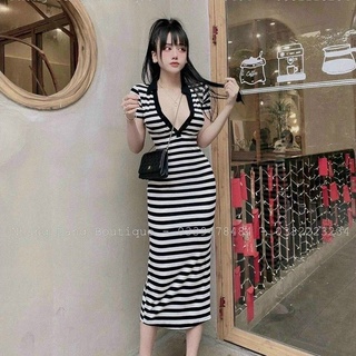 Váy body dáng dài cổ bẻ khoét sexy đầm body chất liệu bozip co giãn 4 chiều