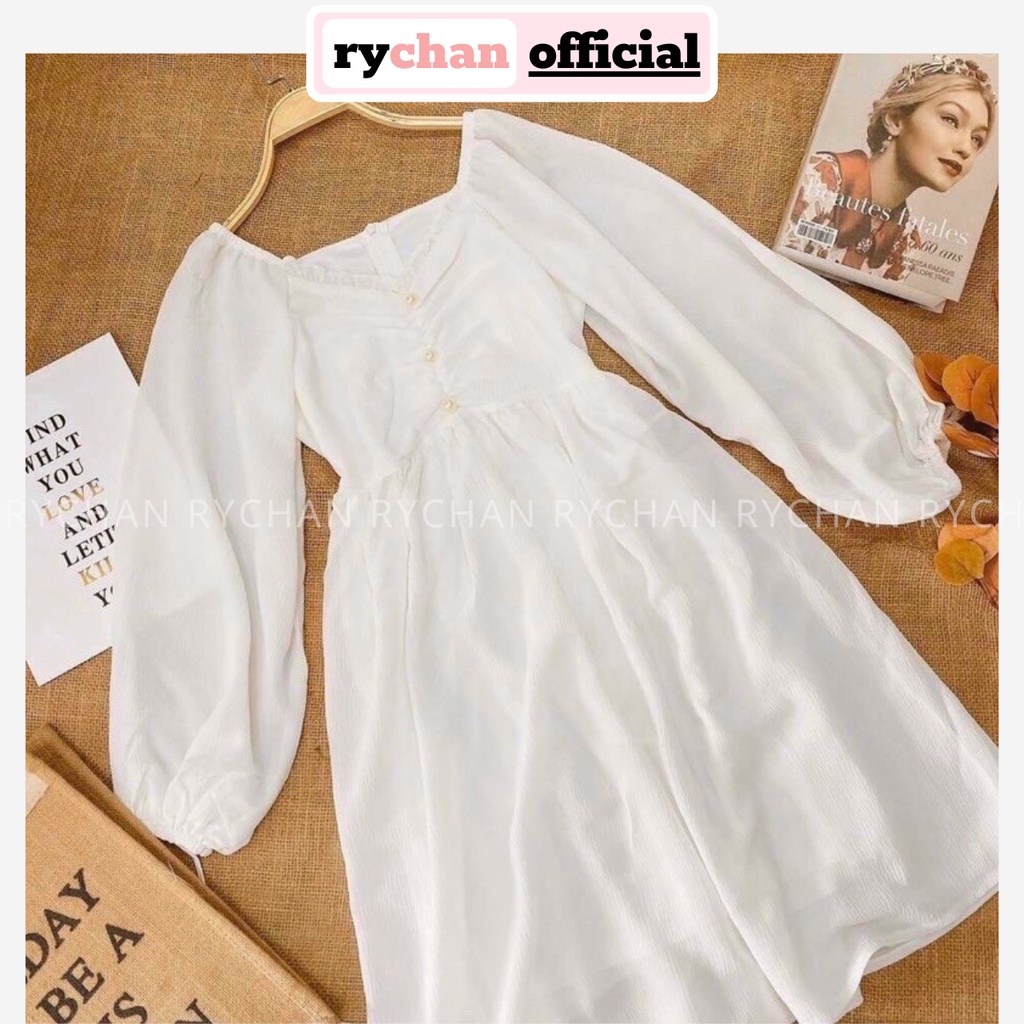 Đầm Nữ Dự Tiệc Dáng Xòe Cổ V Bèo Tay Dài Phồng Thắt Nơ Cực Bánh Bèo Màu Trắng[ẢNH THẬT CUỐI] -  DX9829