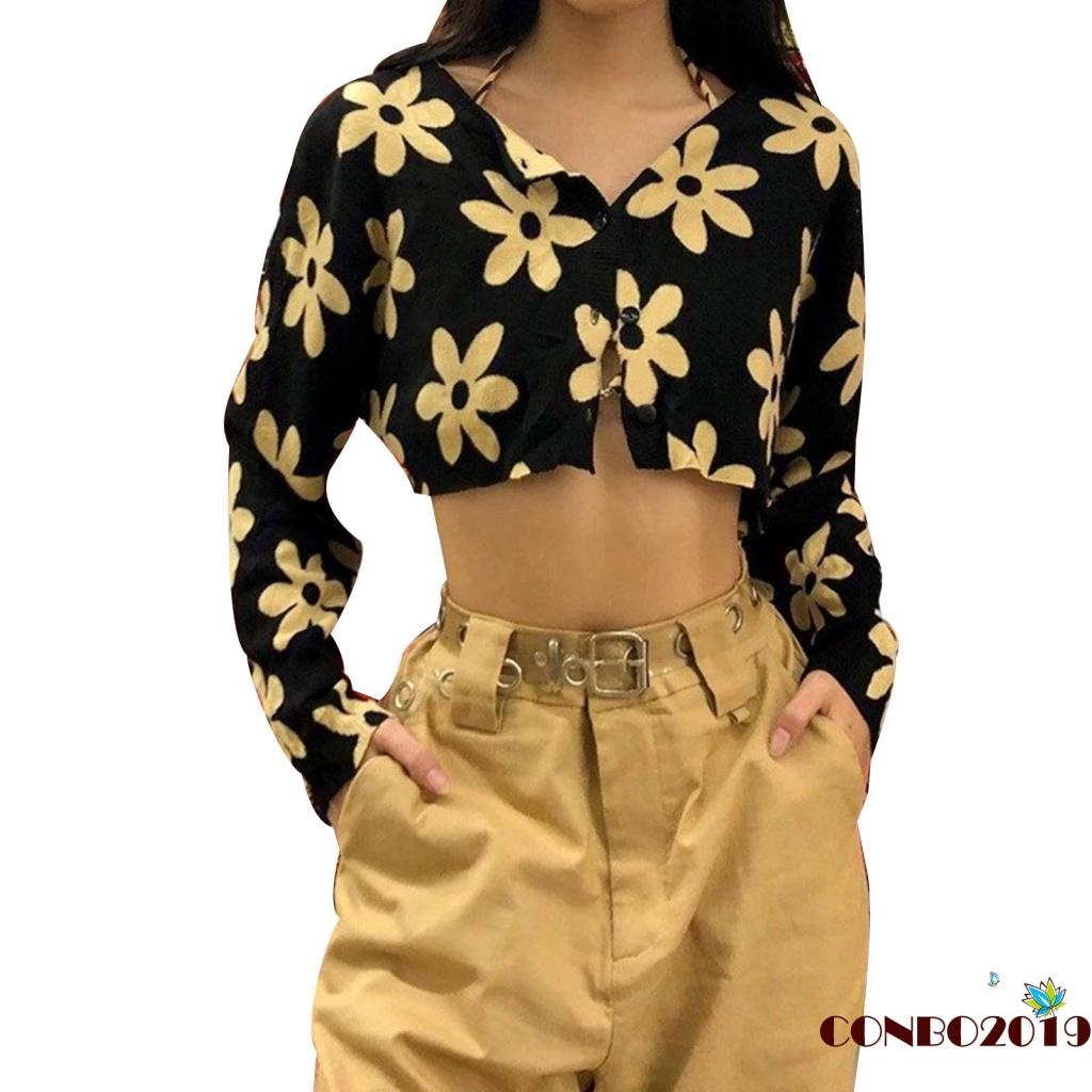 Áo Khoác Cardigan Dài Tay Cổ Chữ V In Họa Tiết Hoa Thời Trang Cho Nữ