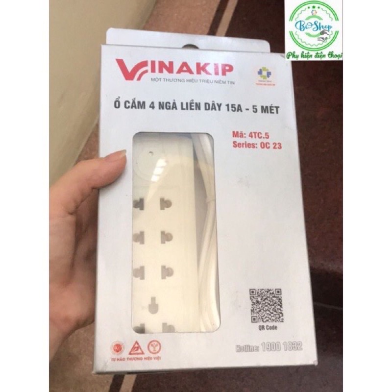⚡️CHÍNH HÃNG VINAKIP🍀 Ổ Cắm Điện 4 Ngả Đa Năng Liền Dây 5m và 3m 2 chạc và 3 chạc Kiểu 15A/250V- Vinakip