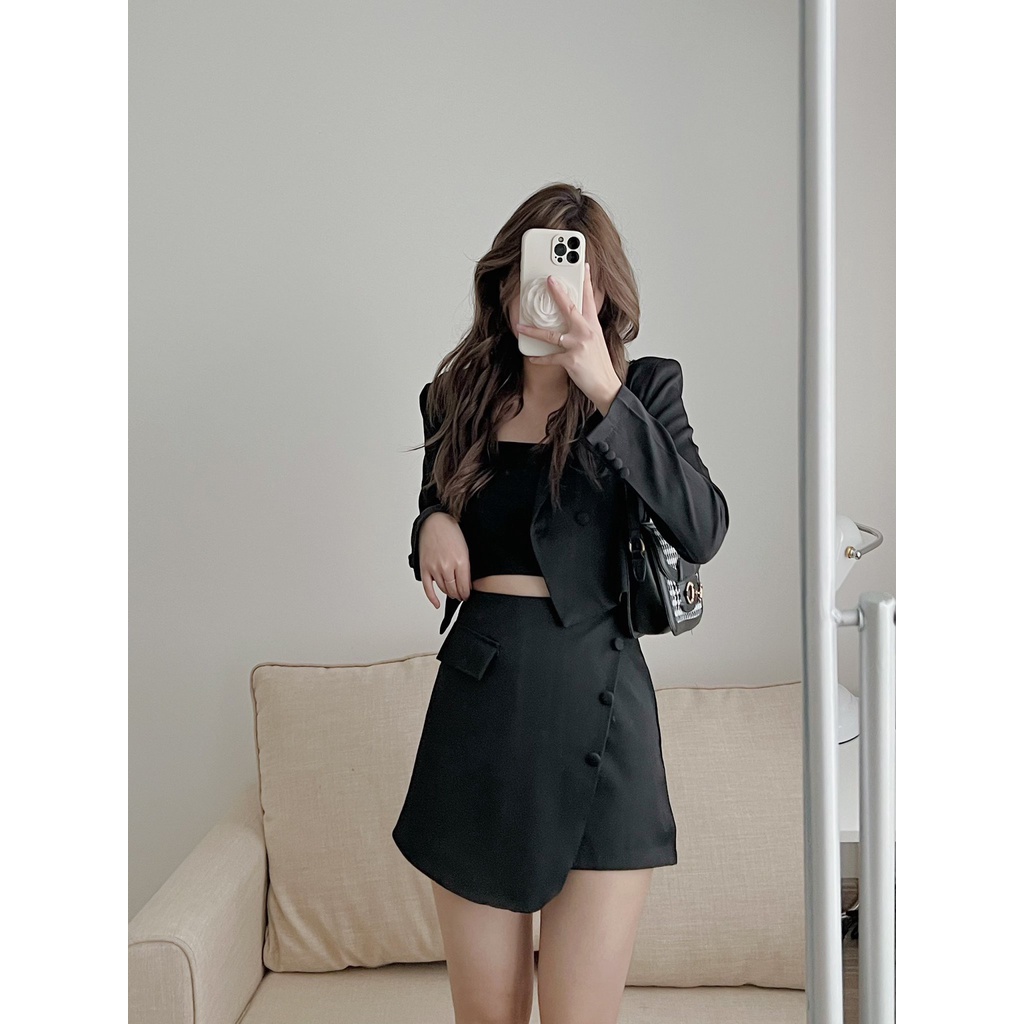 Set quần giả váy phối vs áo balzer dài tay dáng croptop