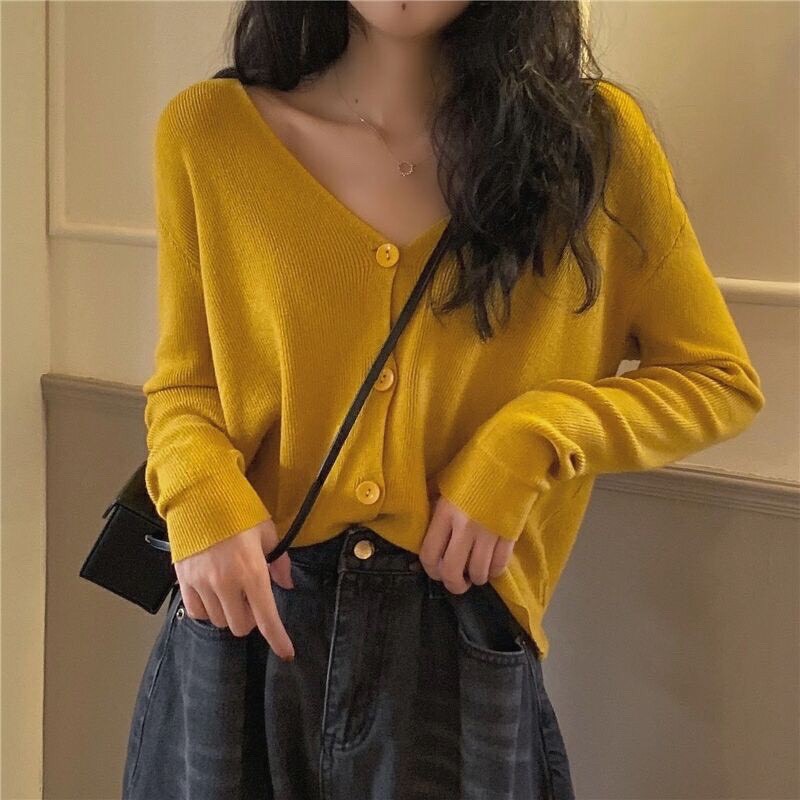 áo cadigan dài tay phối khuy chất tăm xinh xắn
