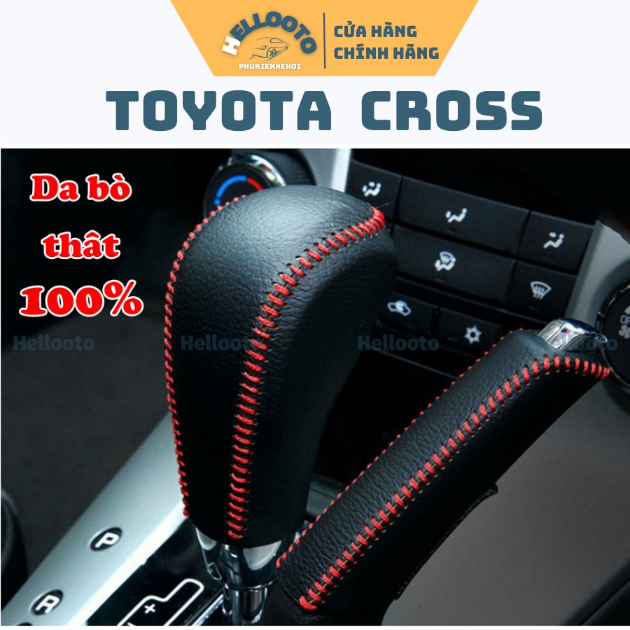 Bọc Da Cần Số Tay Phanh Da Thật Xe Toyota Cross 2020 2021 2022 Da Đen Chỉ Đỏ, Da Bò Thật, Đường may tinh tế thẩm mỹ