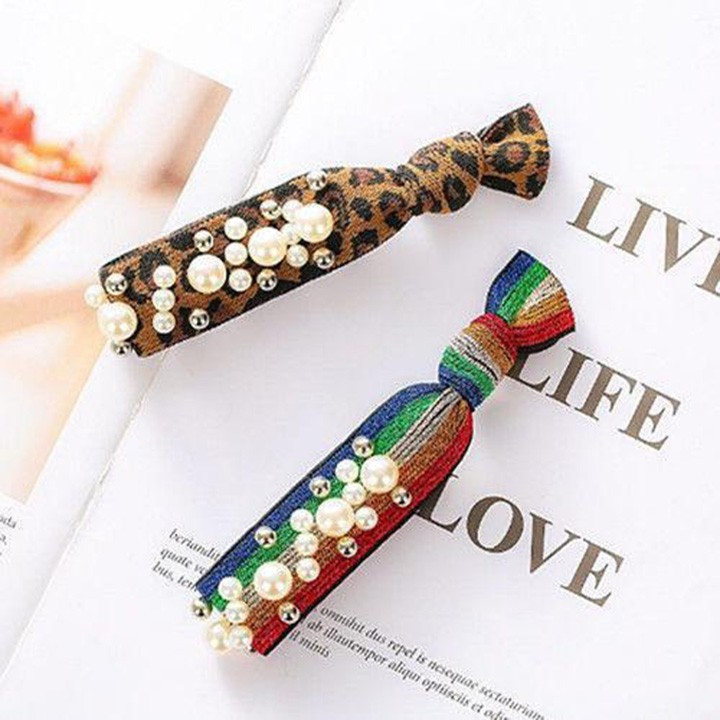 Dây chun buộc tóc đính đá ngọc trai nhân tạo Hàn Quốc thời trang họa tiết retro da báo cầu vồng youngcityshop 30.000