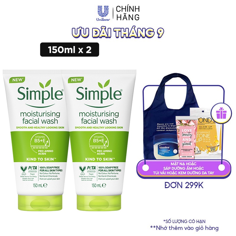 Combo 2 sữa rửa mặt Simple giúp cấp ẩm cho da khô nhạy cảm & không chứa xà phòng 150ml/ chai [CHÍNH HÃNG ĐỘC QUYỀN]