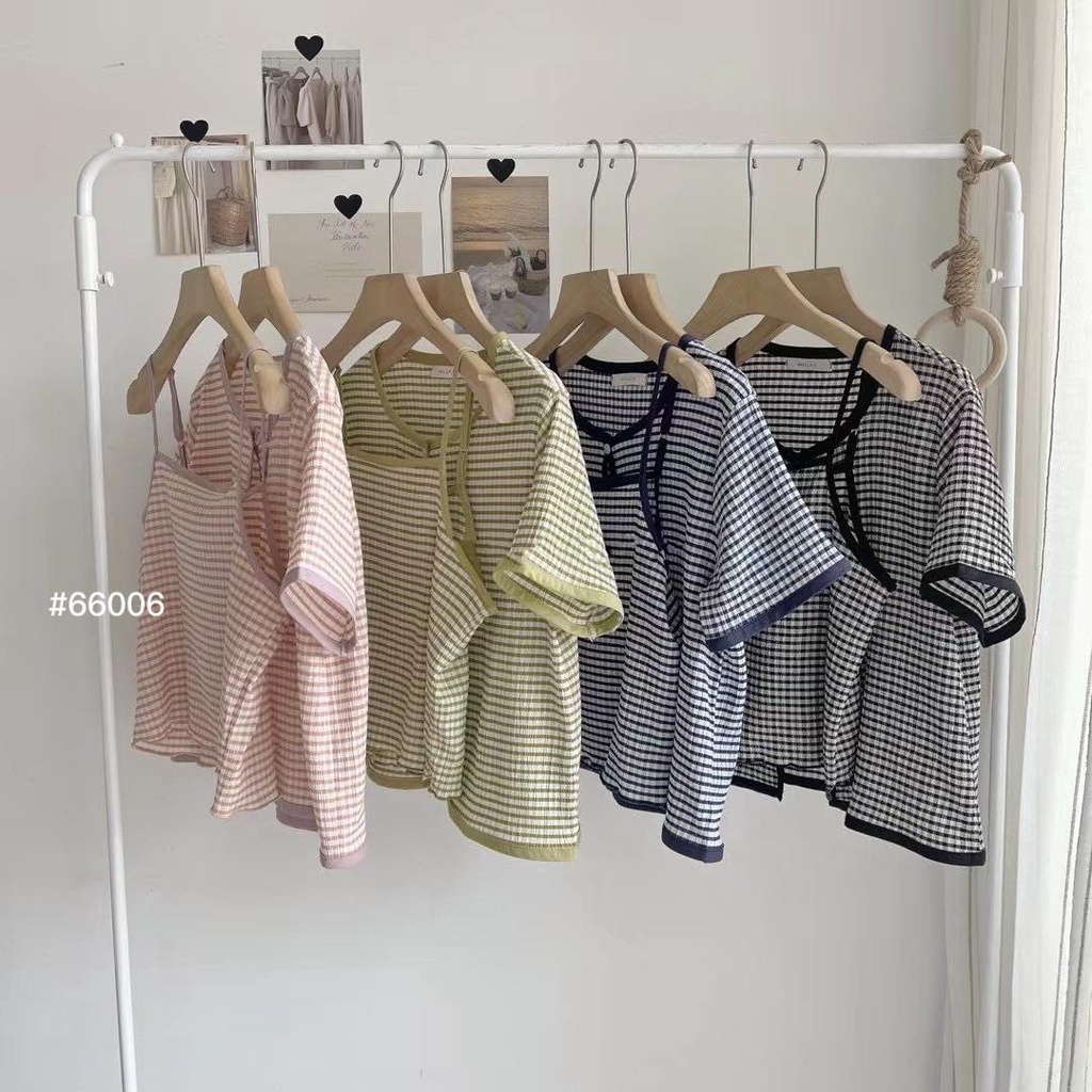 Set áo dây + cardigan crop sọc