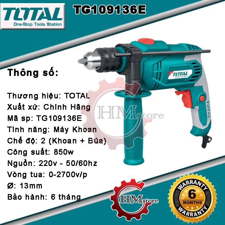 [Chính hãng] Máy khoan búa cầm tay TOTAL TG109136E- Máy khoan búa 13mm 850w BH 6 tháng