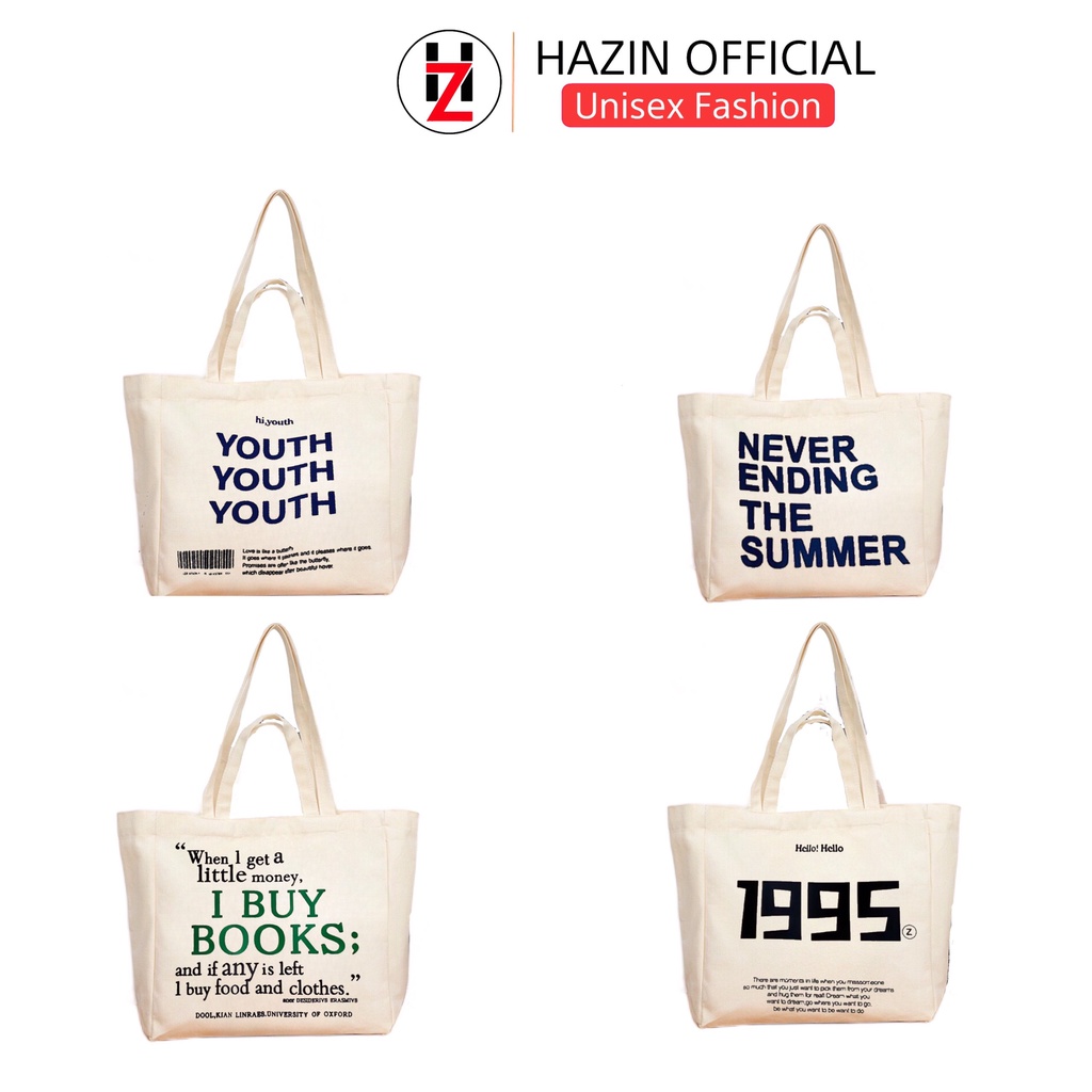 Túi tote HAZIN size lớn vải canvas ulzzang unisex in chữ có khoá miệng ngăn phụ đi học đi chơi đựng vừa khổ a4