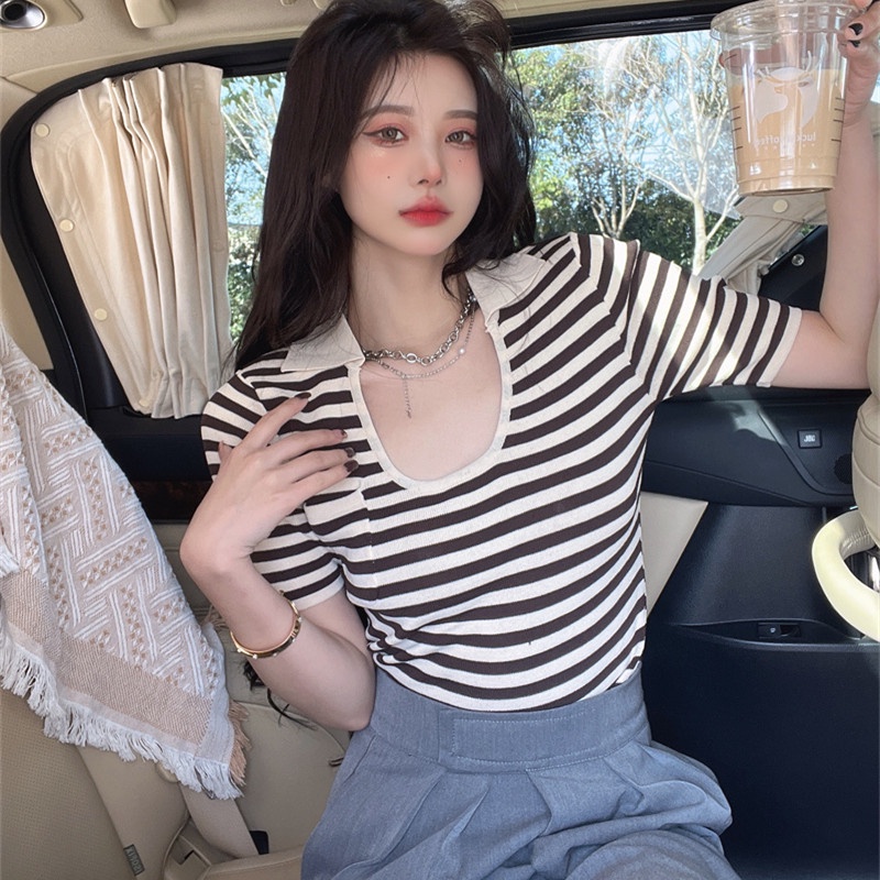 Áo Thun Dệt Kim Tay Ngắn Cổ Chữ U Dáng Ôm Quyến Rũ Thời Trang Cho Nữ