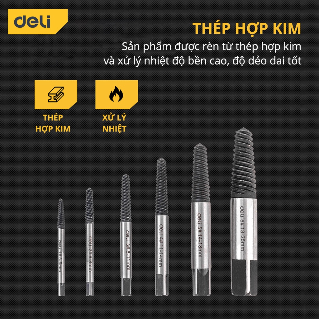 Bộ Mũi Vít Deli Nhổ Ốc Gãy, Tháo Bu Lông 6 Đầu Vít - Chất Liệu Thép CR-V Chống Mòn Gỉ - Dễ Dàng Sử Dụng - DL0026