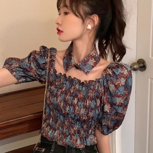 AMOI Áo Kiểu Tay Phồng Cổ Vuông Họa Tiết Hoa Phong Cách Retro Hàn Quốc