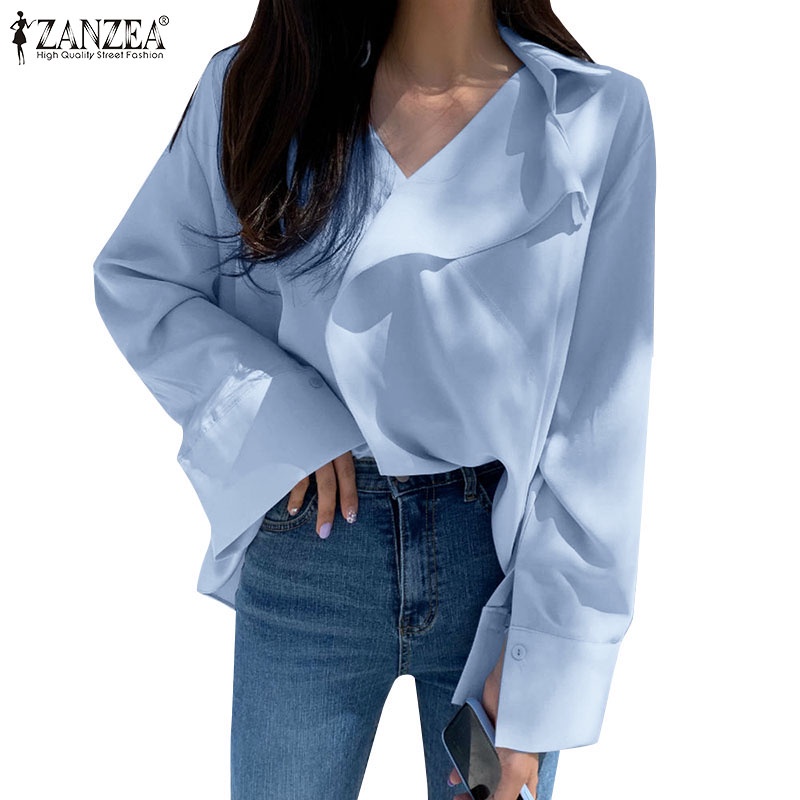 Áo kiểu ZANZEA dài tay cổ lật dáng rộng màu trơn đơn giản phong cách Hàn Quốc dễ phối đồ dành cho nữ