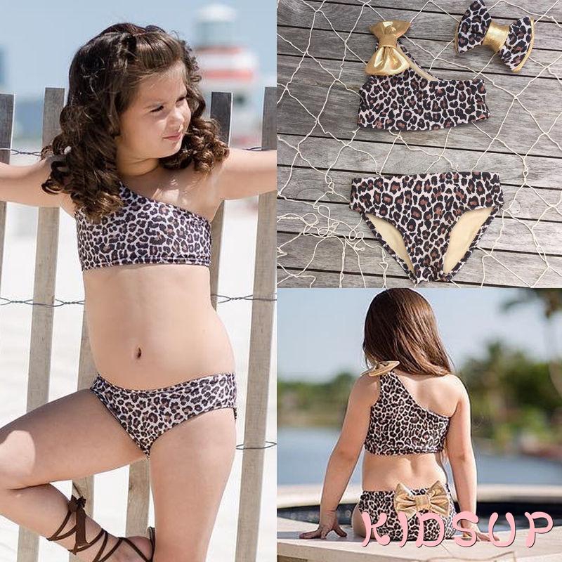 Bộ đồ bơi 2 mảnh kèm băng đô họa tiết da beo dành cho bé gái