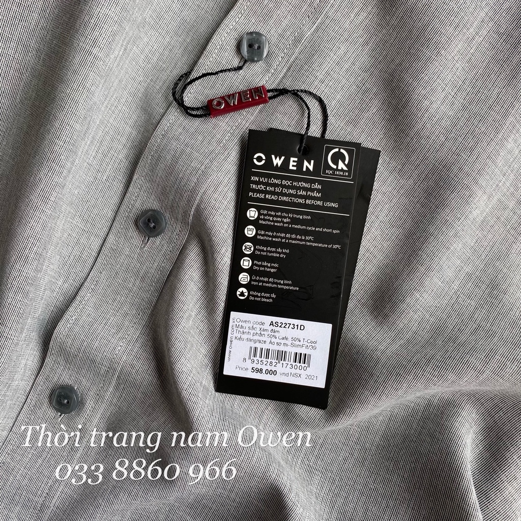 OWEN - Áo sơ mi dài tay OWEN SLIMFIT cổ tàu chất cafe không nhăn - Áo sơ mi cổ tàu nam màu xám 22731