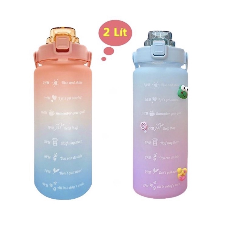 Bình nước 2 lít cute chia vạch nhắc nhở bình đựng nước 2L có vòi tập gym thể thao
