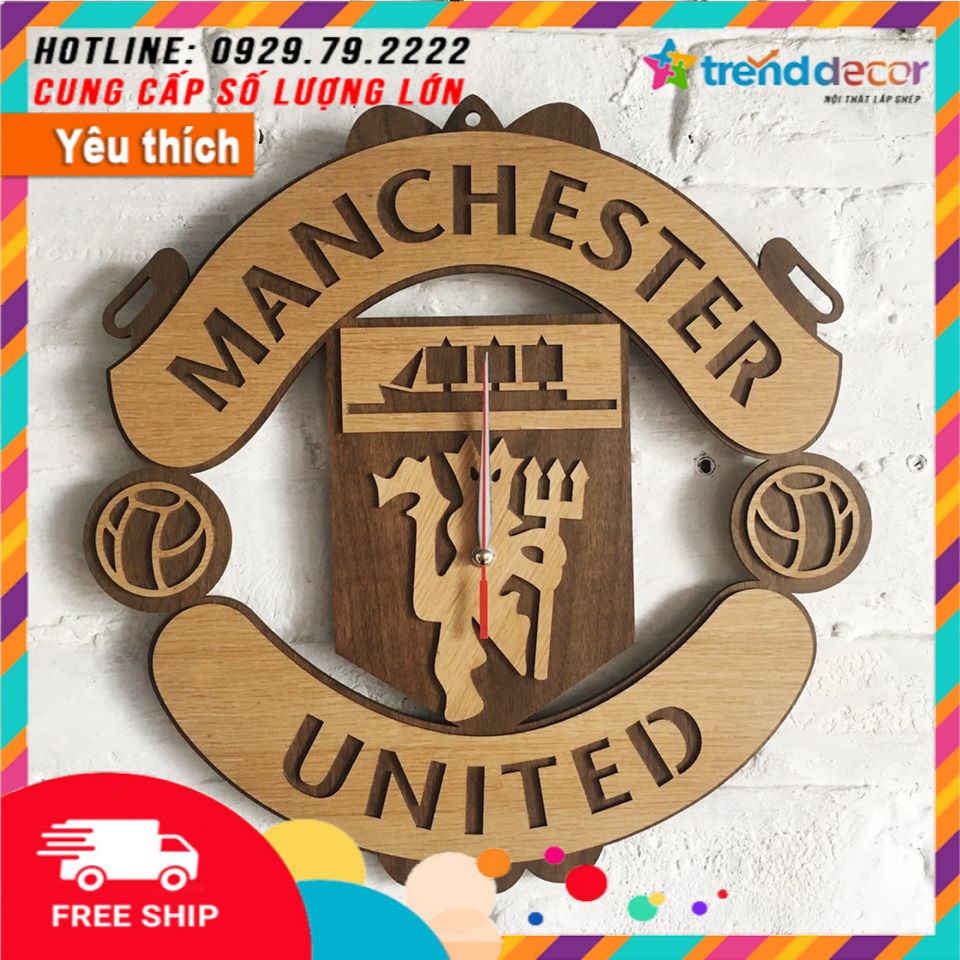 Đồng hồ câu lạc bộ bóng đá _ FC Manchester United Đồng hồ treo tường gỗ điêu khắc logo đội bóng yêu thích Trenddecor