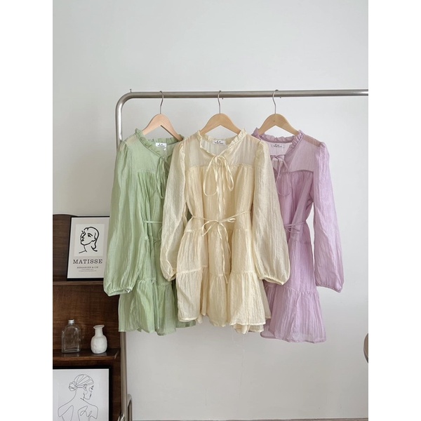 Váy babydoll hai lớp TƠ NHÚN dáng xòe KÈM ĐAI thắt eo - Đầm tầng xoè tay bồng nhún cổ thắt eo