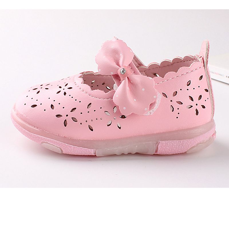 0-4Yrs Bow-knot Princess Shoes Kids Girl Fashion Led Sole Shoe Summer Hollow Out Party Shoes Red Size 15-25