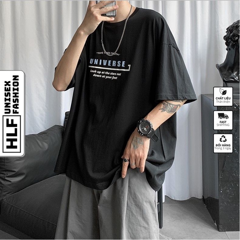 Áo phông nam form rộng chữ universe, áo thun tay lỡ HLFashion