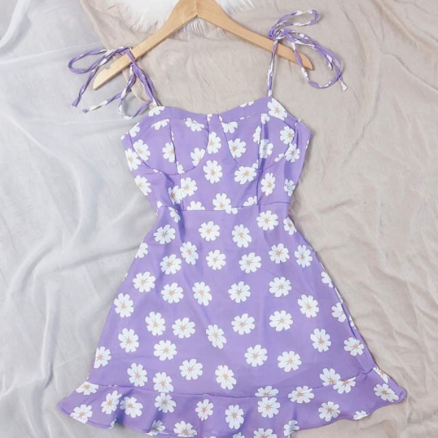 Đầm tím 2 dây hoa cúc rã ngực nhún thun