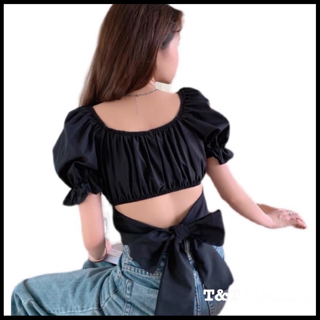 ÁO VOAN TAY NGẮN CỘT NƠ - áo croptop trễ vai nơ lưng - AK0042 | 23tshop