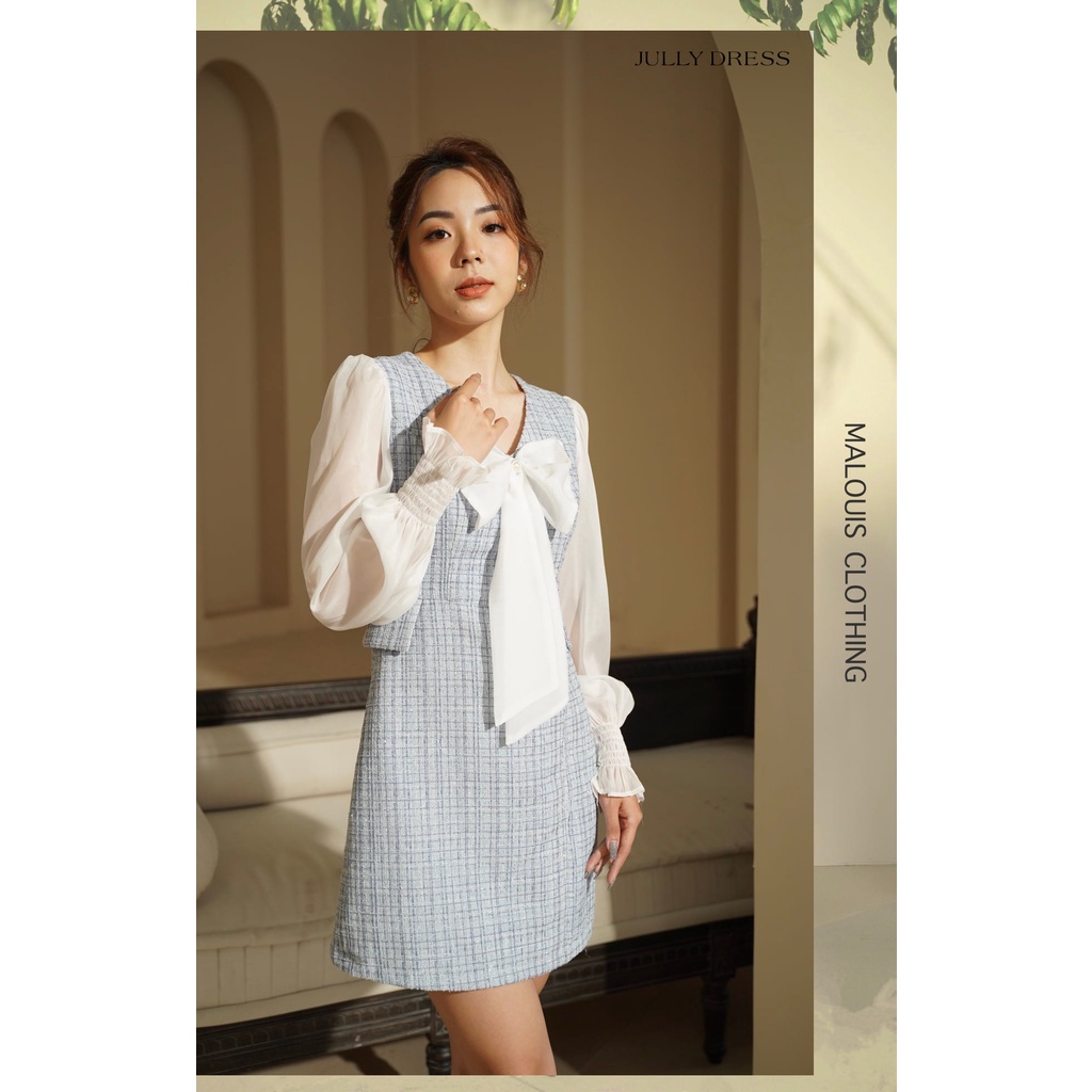 Váy dạ tweed phối voan tay dài bo chun, nơ trước ngực - M116 - Malouis