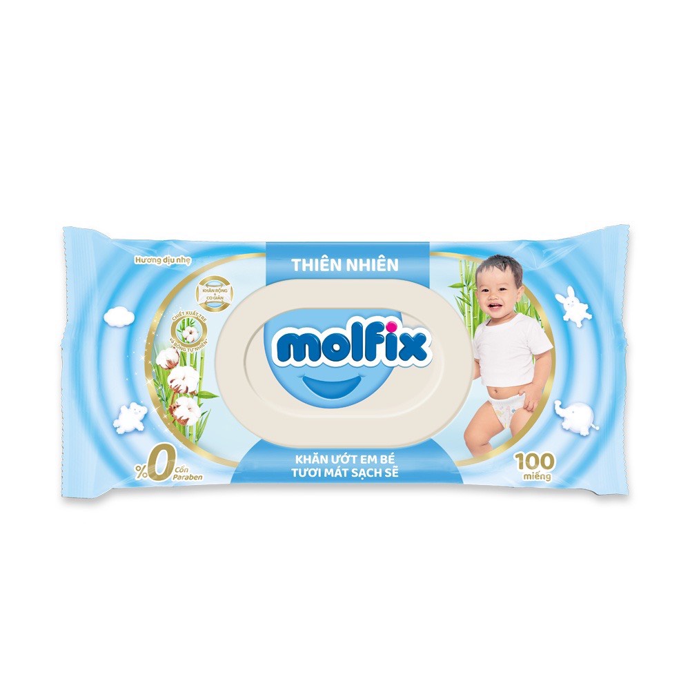 Khăn ướt Molfix 100 tờ thiên nhiên sạch khuẩn dịu nhẹ tươi mát với bông Organic tự nhiên hộp 100 tờ