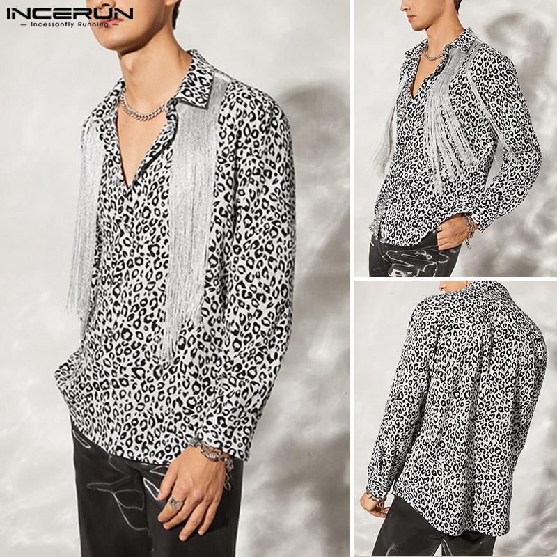 Áo sơ mi INCERUN dài tay in họa tiết da báo phối tua rua thời trang dành cho nam
