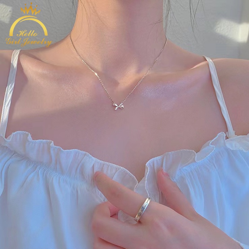 Vòng cổ Mạ Bạc Ahellogirl mặt hình nơ đơn giản thời trang 2023 cho nữ