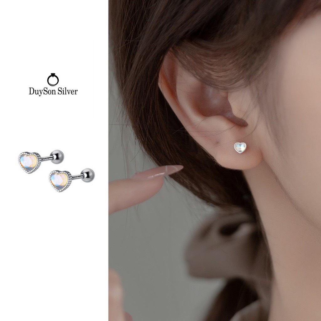 Khuyên tai bạc nữ Duyson, Bông tai nữ đá moonstone bạc 925 cao cấp chốt vặn