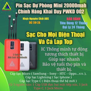 Sạc Dự Phòng 20000mah Chính Hãng Khai Duy- Dung Lượng Thật- Sạc Được Cho Laptop- BH 12 Tháng 1 Đổi 1