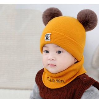 Mũ Len Kèm Khăn Quả Bông Cho Bé