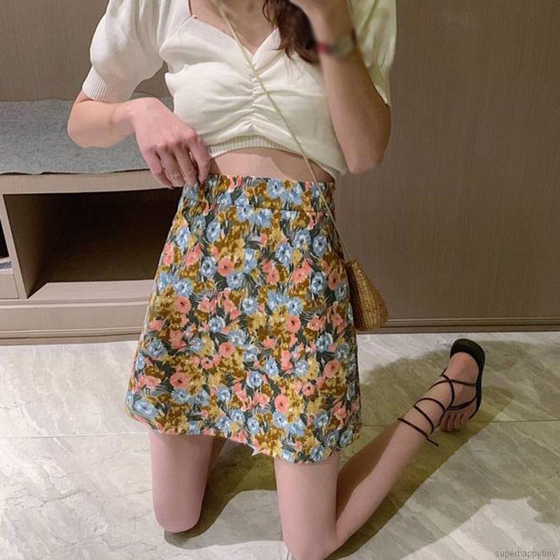Chân Váy Lưng Cao Hoạ Tiết Hoa Phong Cách Retro