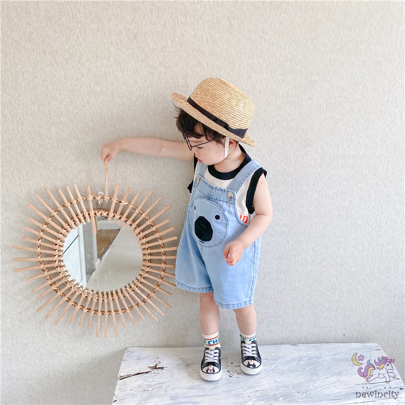 Quần yếm denim thêu họa tiết gấu ngộ nghĩnh đáng yêu phong cách Hàn Quốc thời trang cho bé