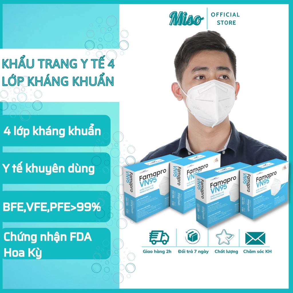 Khẩu Trang Y Tế 4 Lớp FAMAPRO VN95 [Hộp 10 Cái - Hàng Xuất Quốc Tế] Khẩu trang y tế trắng kháng khuẩn cao cấp