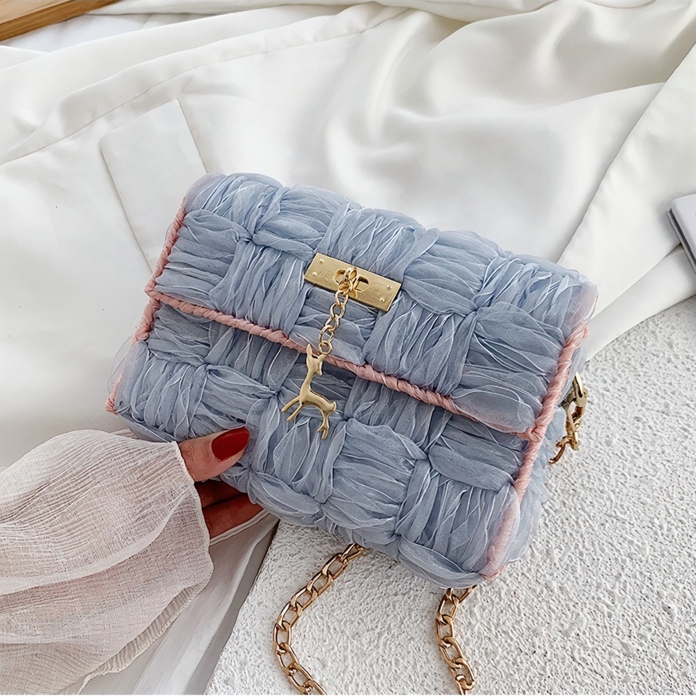 Túi len tự đan ruy băng phối viền, túi đeo chéo phong cách Hàn Quốc - Bộ phụ kiện đầy đủ LX302