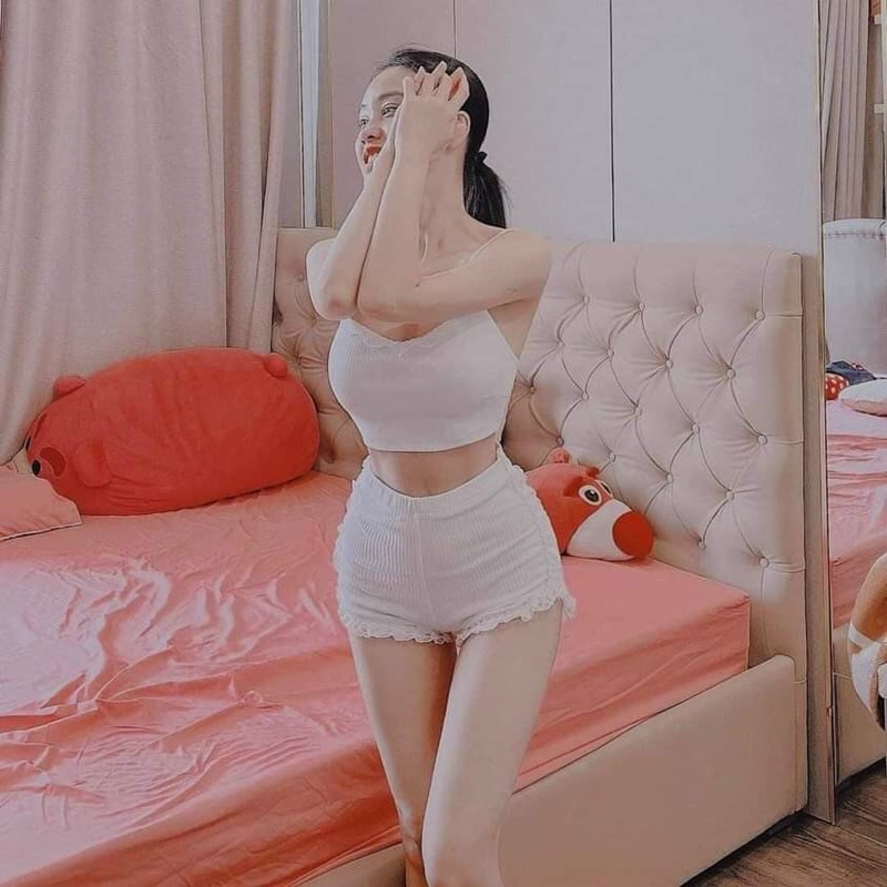 [FREESHIP] Set áo hai dây + quần đùi phối ren chất cotton co giãn ba màu siêu xinh và thoải mái