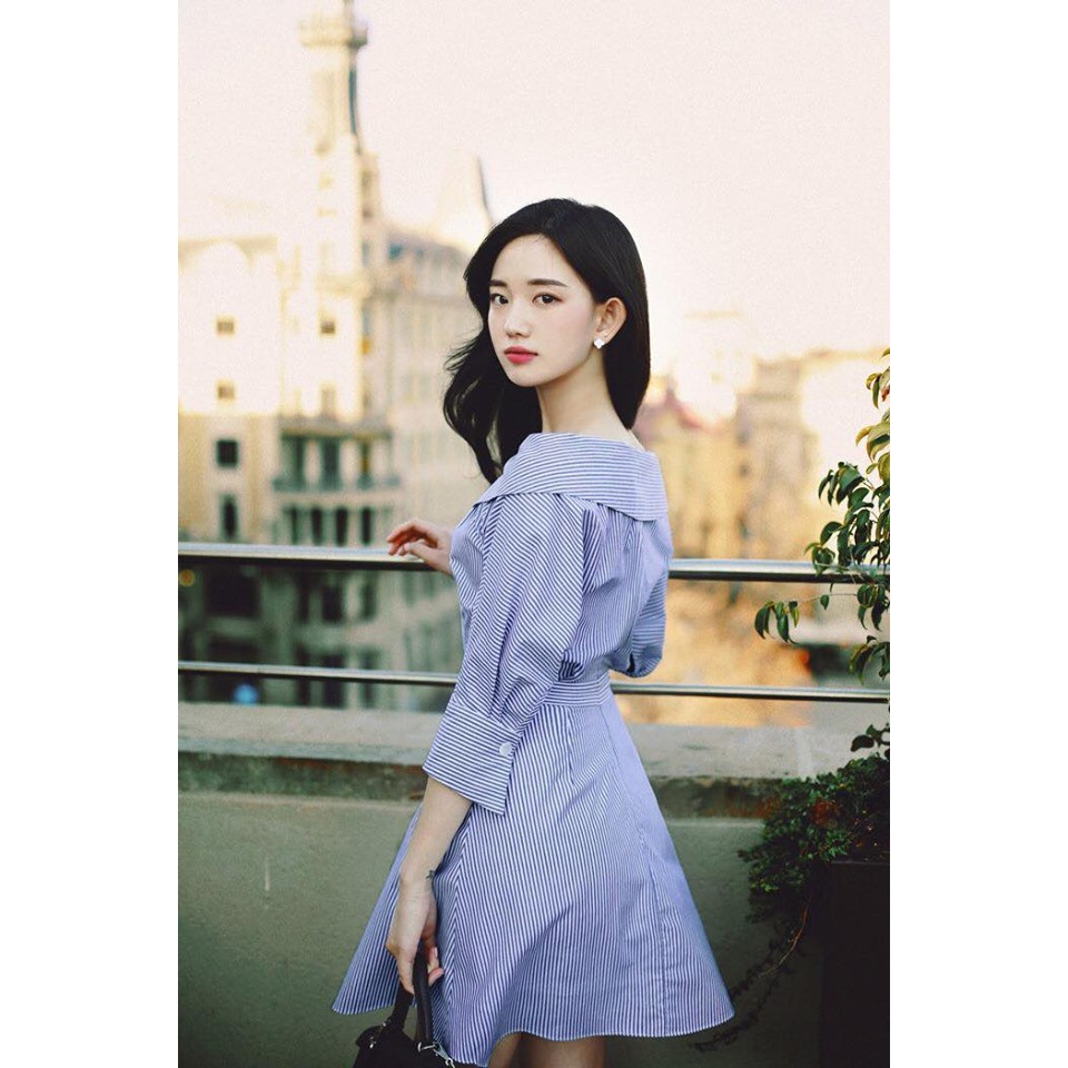 Sangin Dress - Đầm sọc xanh bẹt vai kate