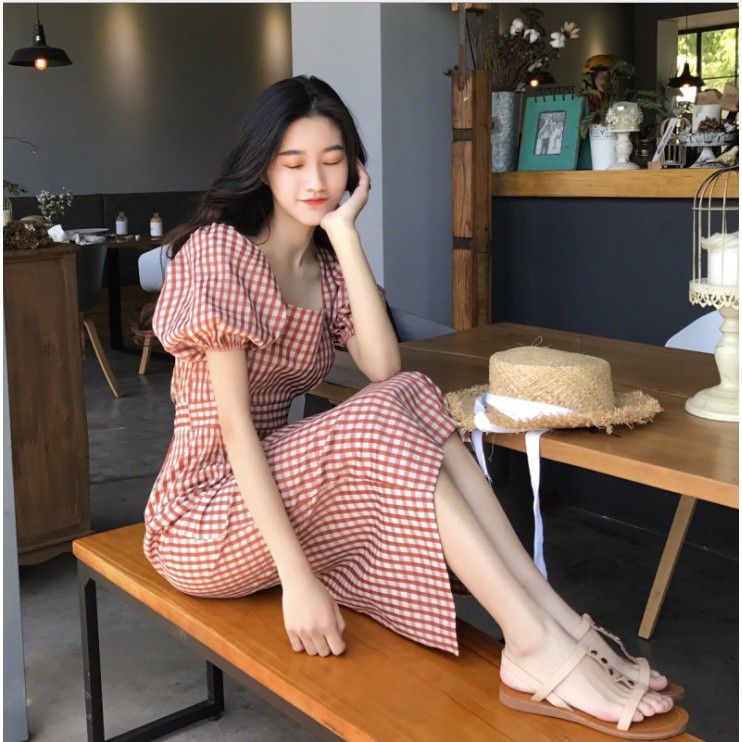 Váy xinh🎀HÀNG SẴN🎀Váy kẻ caro tay bồng dáng dài phong cách Vintage