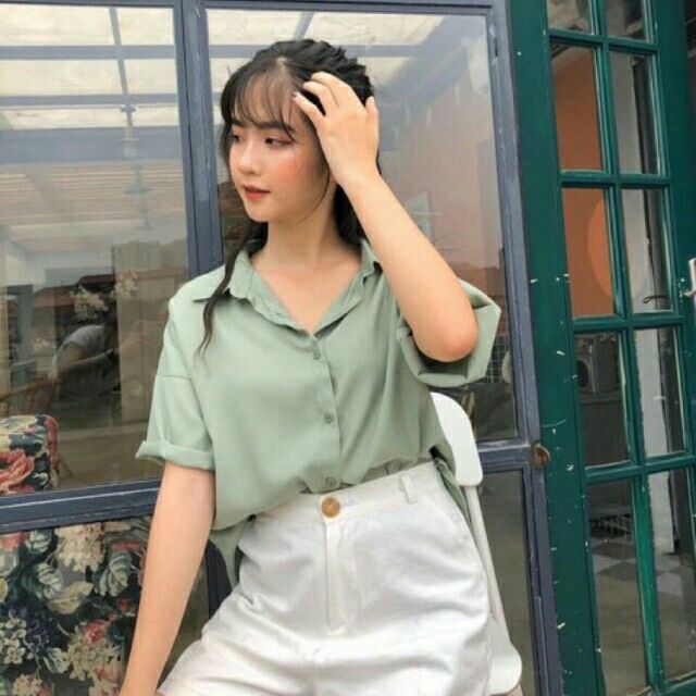 Áo sơ mi đũi lụa cộc tay kiểu dáng vintage màu pastel